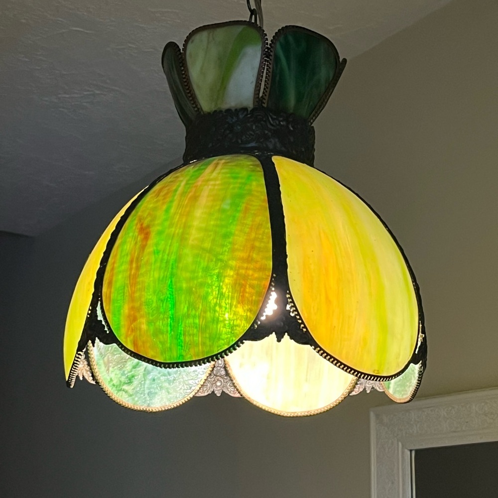 Vintage 1950/1960 Glass Tiffany Style Stained Glass Ceiling Lamp